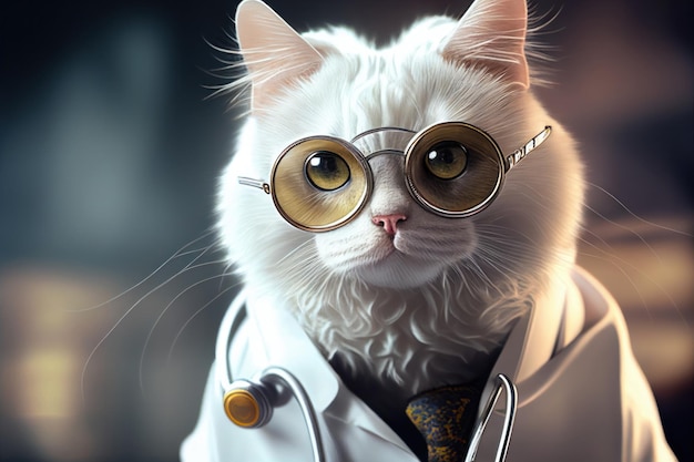 Un gato con gafas y bata de laboratorio.