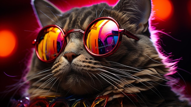 Un gato con gafas y una cara con los colores del arcoíris.