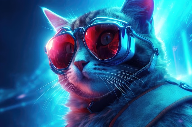 Un gato con gafas y un chaleco con la palabra trueno.