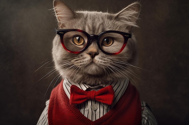 Un gato con gafas y un collar rojo con un bla