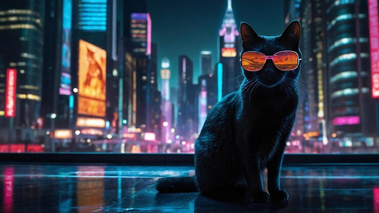 un gato con gafas de color naranja sentado en el umbral de una ventana