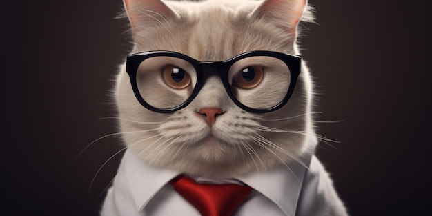 Un gato con gafas y corbata con corbata roja.