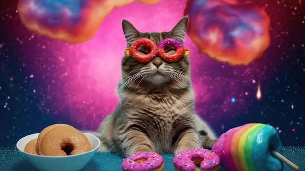 Un gato con gafas y un donut rosa con chispas.