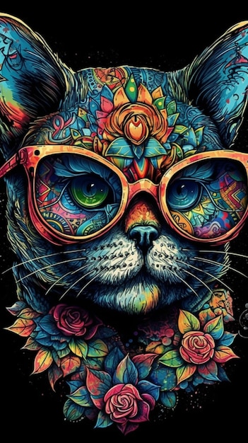Un gato con gafas y una flor encima.