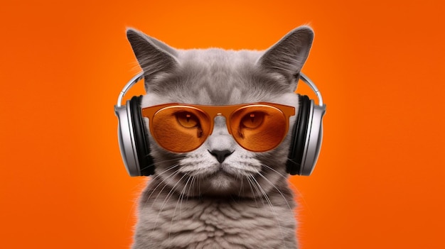 Un gato con gafas y un fondo naranja.