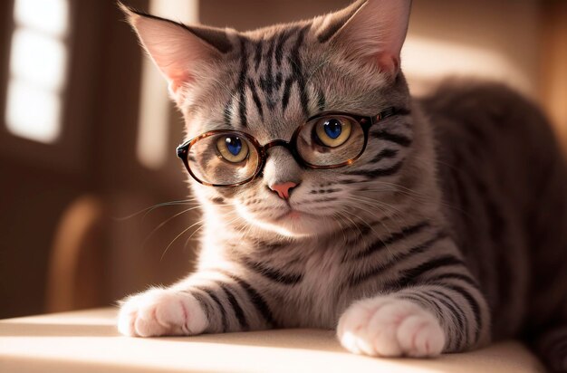 Un gato con gafas y un fondo oscuro.