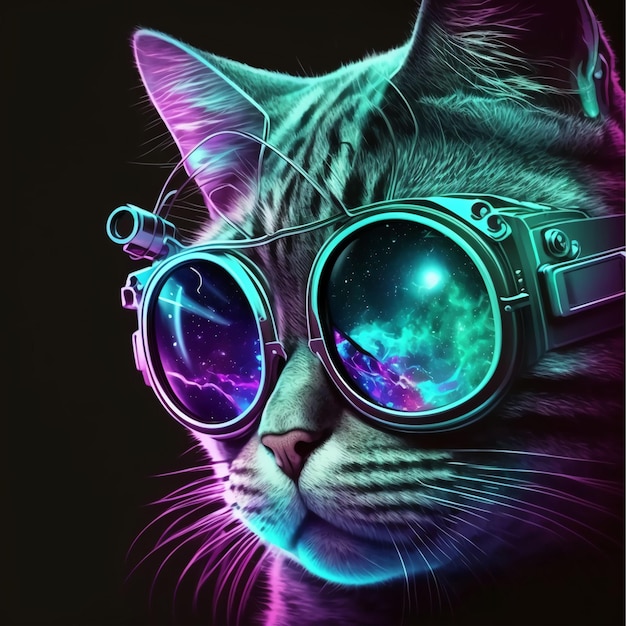 Un gato con gafas y una galaxia encima.