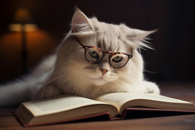 El gato con gafas lee el libro.