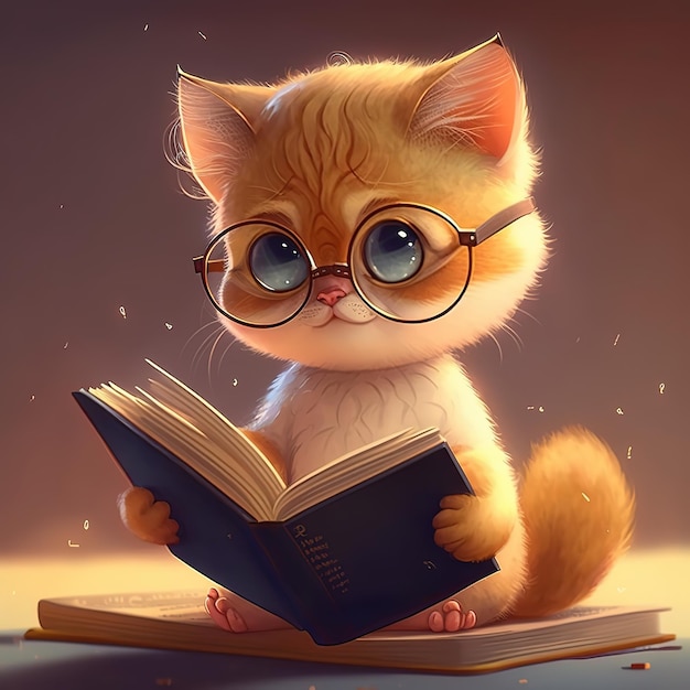 Un gato con gafas leyendo un libro.