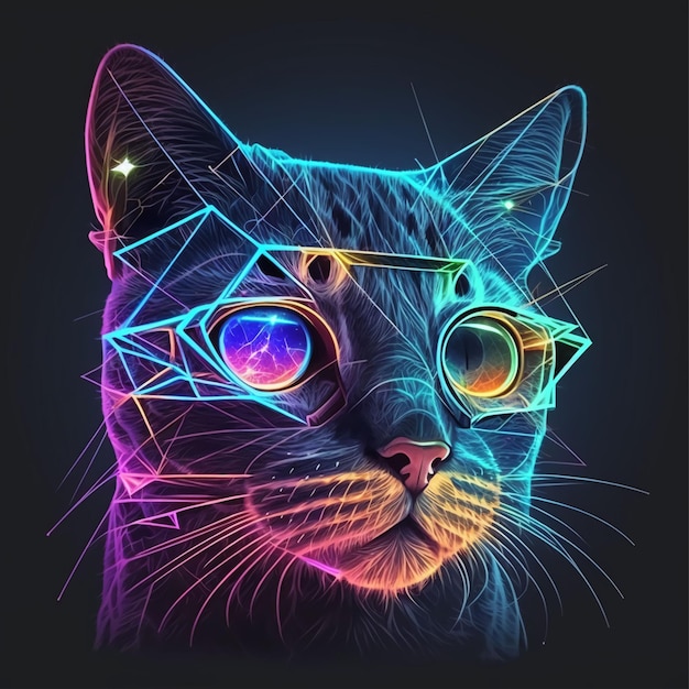 Un gato con gafas y una luz de neón.