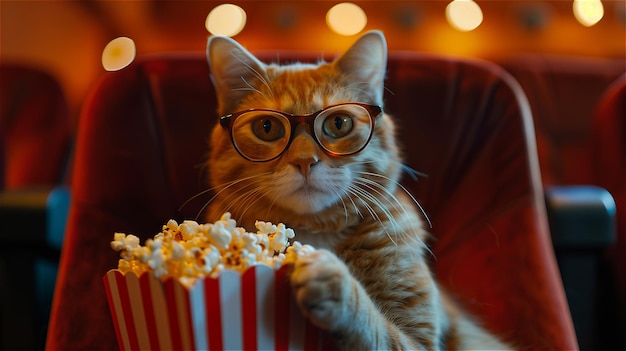 El gato con gafas y palomitas de maíz está sentado en el cine.