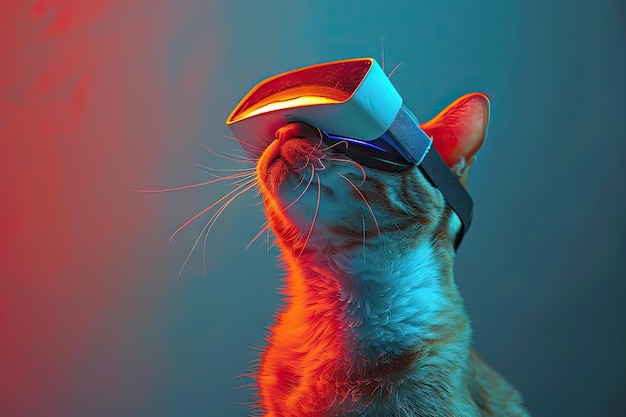 Gato con gafas de realidad virtual Gato usando un auricular de realidad virtual Tecnología futurista Vr