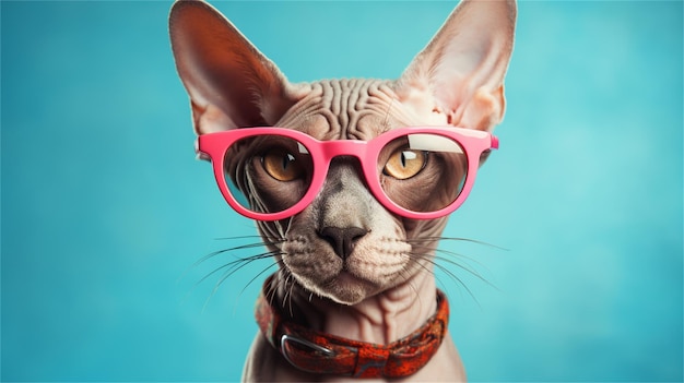 Un gato con gafas rosas con un collar rosa y un collar que dice gato.