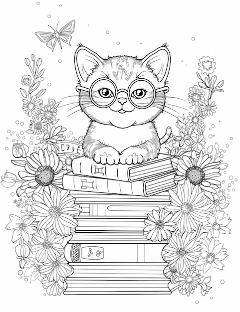 Foto un gato con gafas sentado en una pila de libros rodeado de flores generativas ai