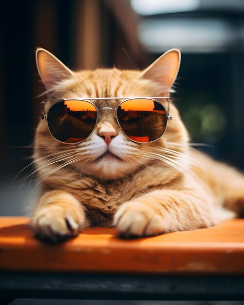 Foto un gato con gafas se sienta mirando frente a un fondo de edificio de verano