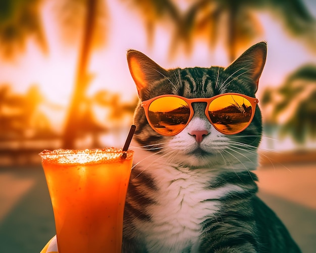Un gato con gafas de sol y agarrando un vaso de jugo de naranja contra un fondo de playa al atardecer