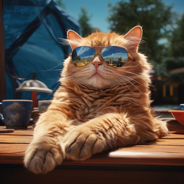 Gato con gafas de sol en un balneario