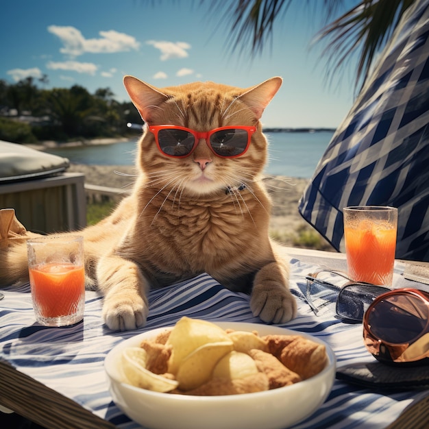 Gato con gafas de sol en un balneario