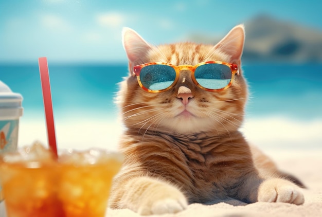 Un gato con gafas de sol y una bebida en la playa.