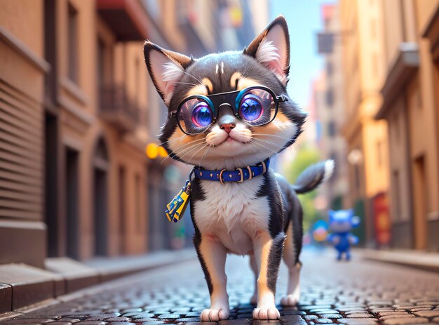 Foto gato con gafas de sol en la calle 3d generado con ia