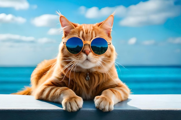 Un gato con gafas de sol y un cielo azul miran al mar.