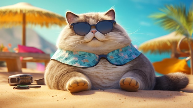 Un gato con gafas de sol y corbata de moño se sienta en una playa frente a las palmeras.