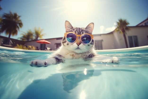 Gato con gafas de sol descansa sobre un colchón inflable junto a la piscina de vacaciones en el resort Día de descanso