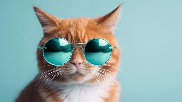 Un gato con gafas de sol y un fondo azul.