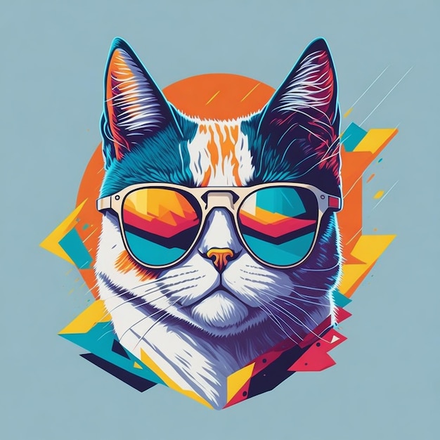 Un gato con gafas de sol y un fondo colorido.