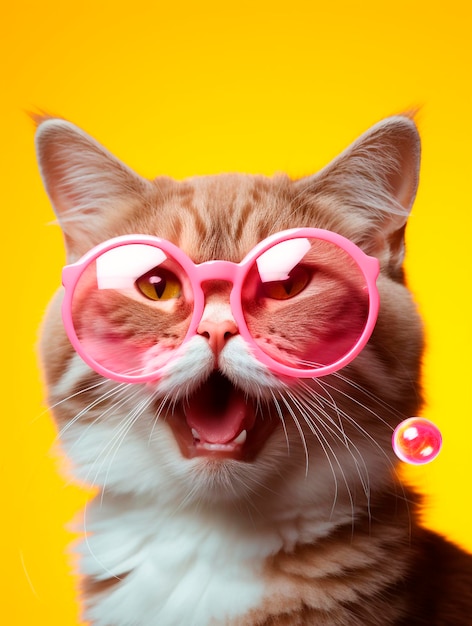 Foto un gato con gafas de sol en el fondo del estudio amarillo delantero