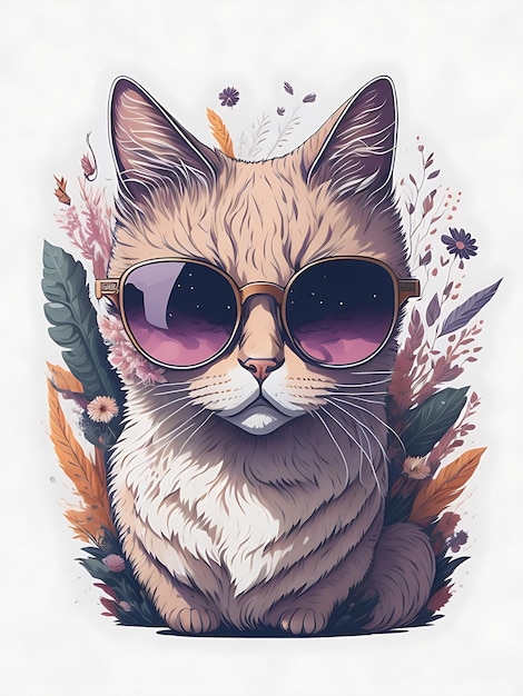 Un gato con gafas de sol y un fondo de flores.