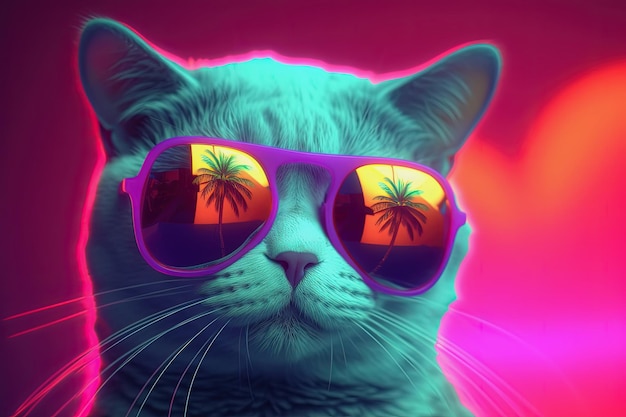 Gato con gafas de sol fondo de neón Retrato de estilo pop art AI generativa