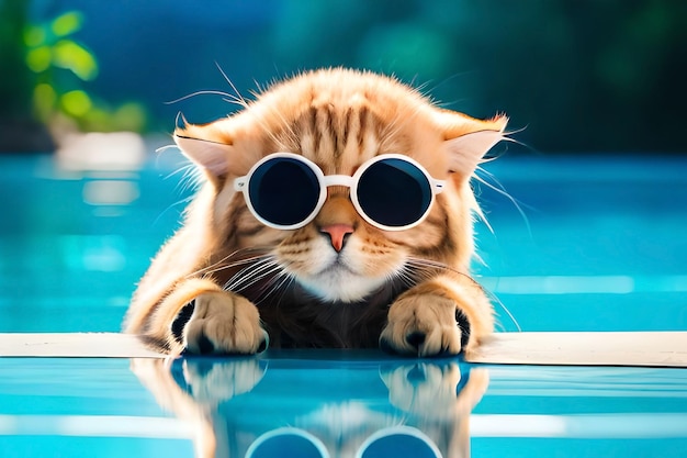 Un gato con gafas de sol se inclina sobre una piscina.