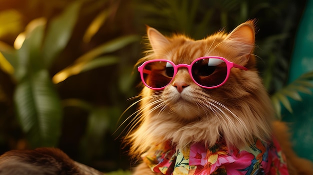 Gato con gafas de sol de la jungla gran diseño para cualquier propósito Ilustración gráfica Fondo verde Ilustración divertida Ilustración de moda Estilo realista