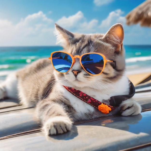 Un gato con gafas de sol de moda está acostado en el techo viajando en la playa