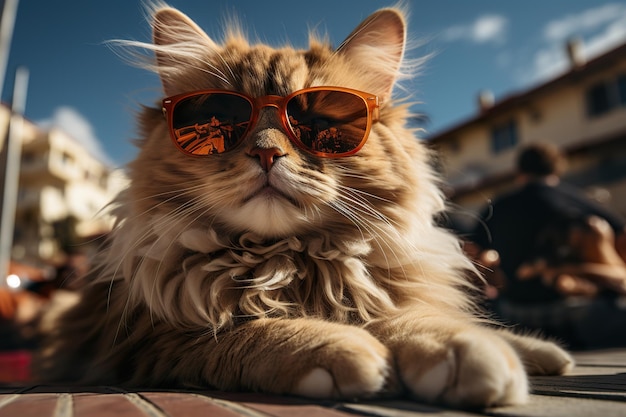 Un gato con gafas de sol de moda está tendido en el techo vista de gran ángulo de cuerpo entero ilustración de IA generativa virtual digital