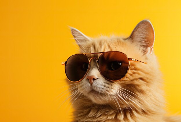 gato con gafas de sol naranja en un fondo amarillo