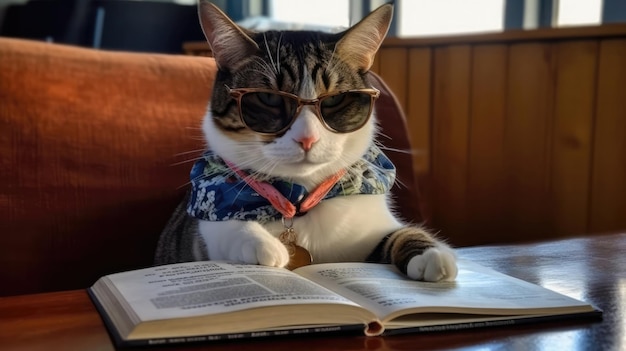 Un gato con gafas de sol participando en un club de lectura IA generativa