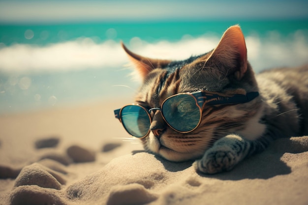 Foto un gato con gafas de sol en la playa.