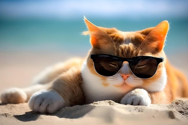 Gato con gafas de sol relajándose en la playa