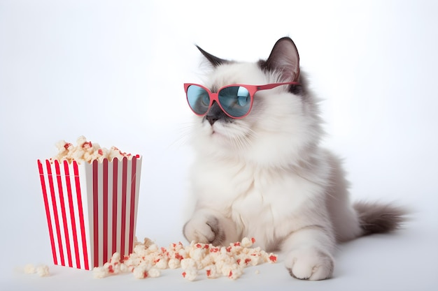 Un gato con gafas de sol se sienta junto a una caja de palomitas de maíz