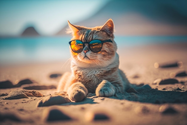 Un gato con gafas de sol se sienta en una playa frente a una puesta de sol.