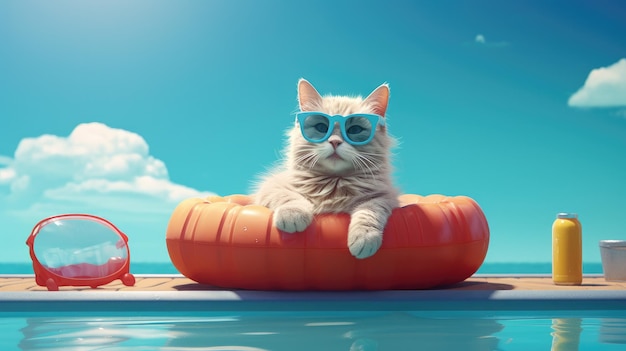 un gato con gafas de sol se sienta en un puf.