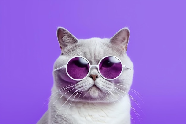 Un gato con gafas de sol sobre un fondo morado.