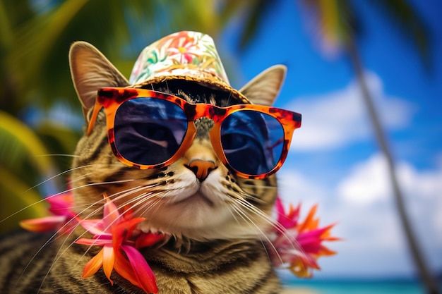 Gato con gafas de sol y sombrero disfruta de vacaciones en la playa