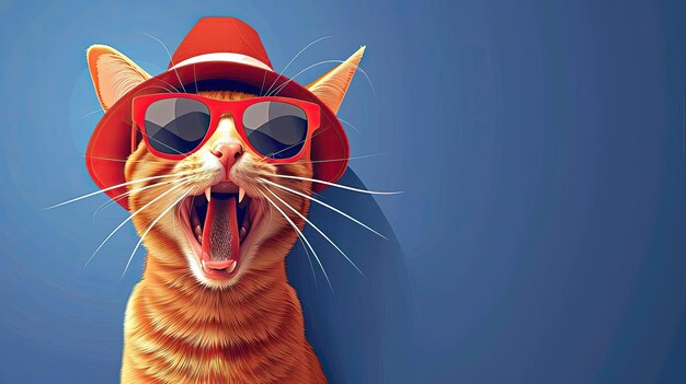 Foto un gato con gafas de sol y un sombrero rojo está haciendo un ruido fuerte