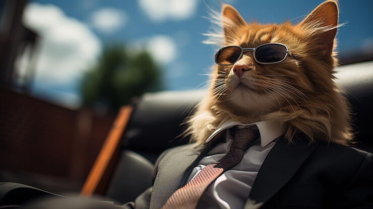 Un gato con gafas de sol y un traje con corbata en un coche Generative Ai
