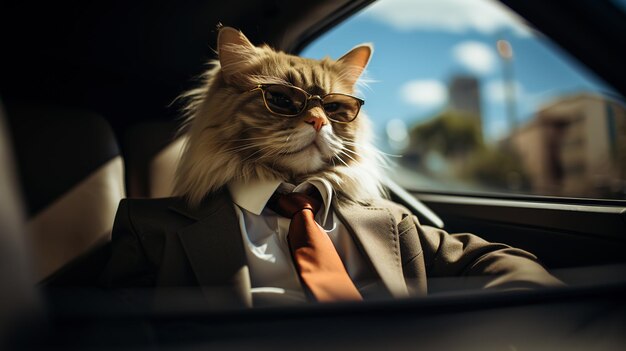 Un gato con gafas de sol y un traje con corbata en un coche Generative Ai