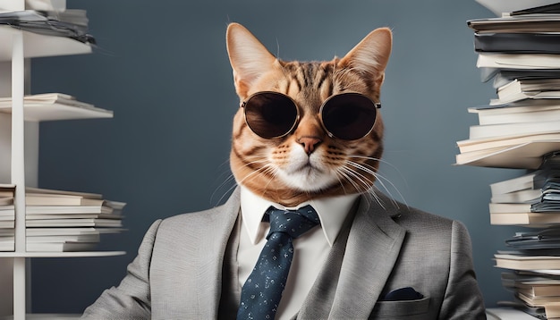 un gato con gafas de sol y un traje con una corbata que dice gato en él