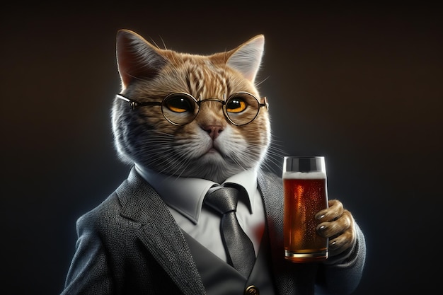 Un gato con gafas sostiene un vaso de cerveza en la mano.